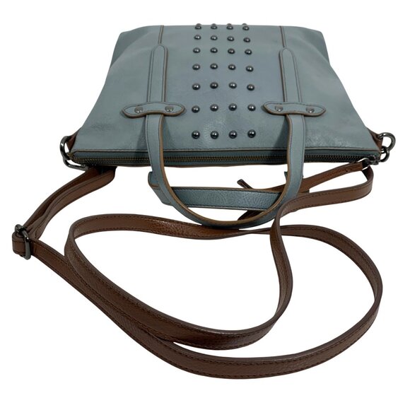 FOSSIL Dusty Blue & Brown Vegan Leather Studded Shoulder Crossbody Bag Tote - Picture 5 of 13